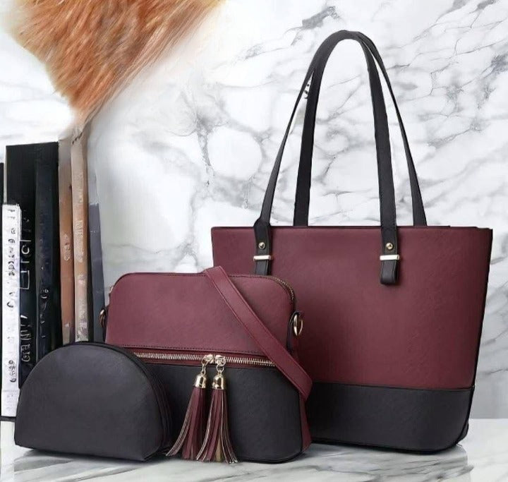 3 Piece Tote Handbag Elegant Design Premium Quality Smooth Finish Easy Carry For Daily Fashion Needs - Black and Skin