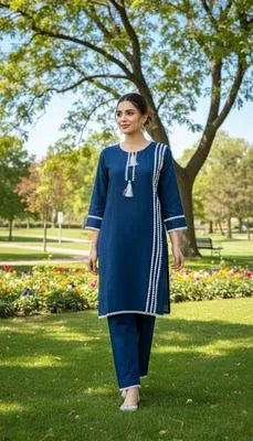 Eid Collection 2 Pcs Women's Stitched Cotton Lawn Lace Work Shirt And Trouser