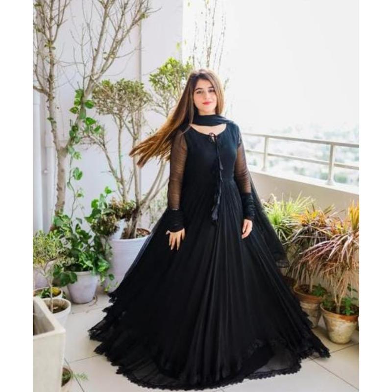 3 Pcs Women's Stitched Chiffon Plain Maxi Suit