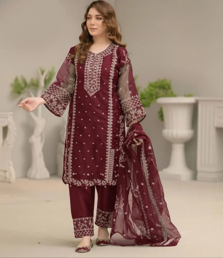3 Pcs Women's Stitched Organza Embroidered Suit