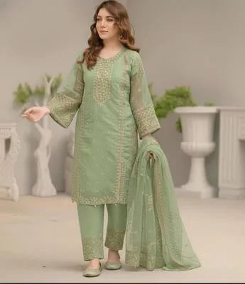 3 Pcs Women's Stitched Organza Embroidered Suit