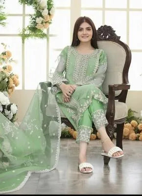 3 Pcs Women's Stitched Organza Embroidered Suit