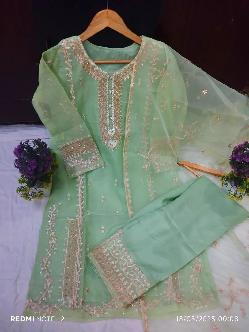 3 Pcs Women's Stitched Organza Embroidered Suit