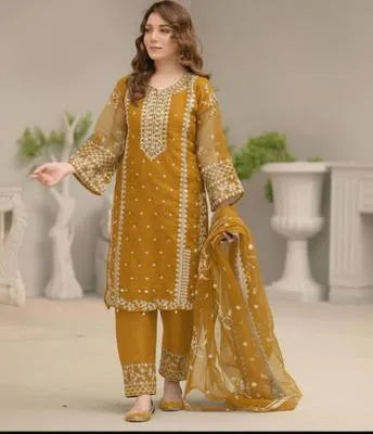 3 Pcs Women's Stitched Organza Embroidered Suit