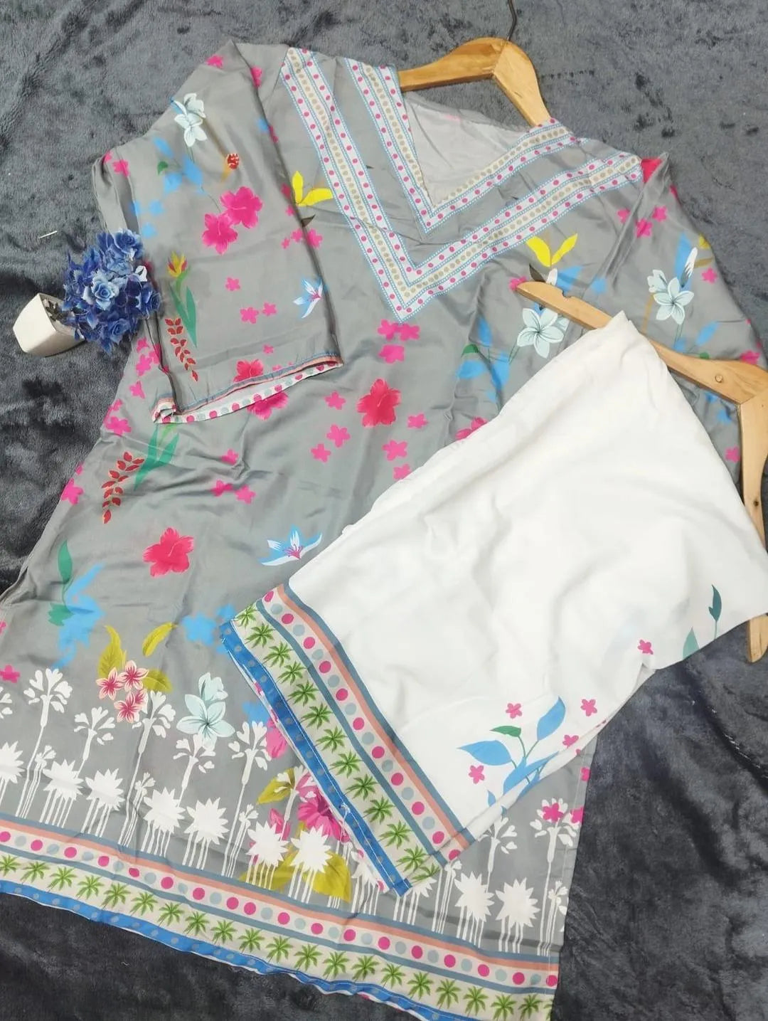 2 Pcs Women's Stitched Swiss Lawn Printed Shirt And Trouser