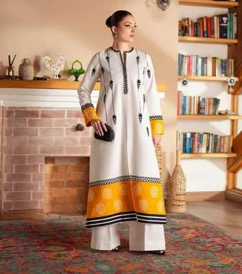 2 Pcs Women's Stitched Silk Printed Shirt And Trouser