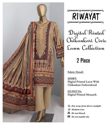 Stylish Multicolor Chikankari Embroidered Lawn Suit - 2 Pcs