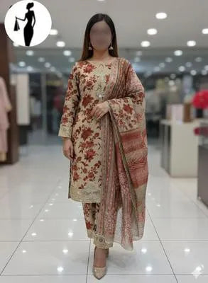 3 Pcs Women's Stitched Crinkle Chiffon Printed Suit