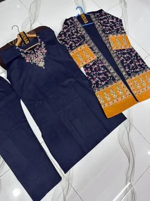 3 Pcs Women's Stitched Cotton Embroidered Gown Suit