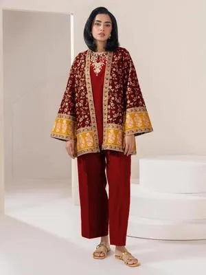3 Pcs Women's Stitched Cotton Embroidered Gown Suit