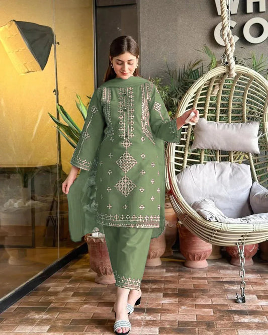 3 Pcs Women's Stitched Cotton Sequins Embroidered Suit