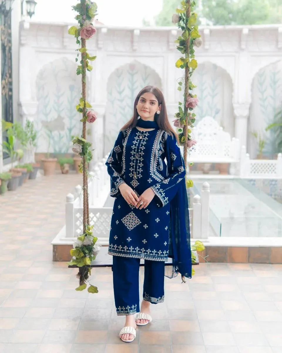 3 Pcs Women's Stitched Cotton Sequins Embroidered Suit