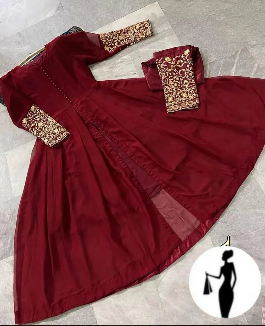 2 Pcs Women's Stitched Chiffon Embroidered Maxi And Trouser