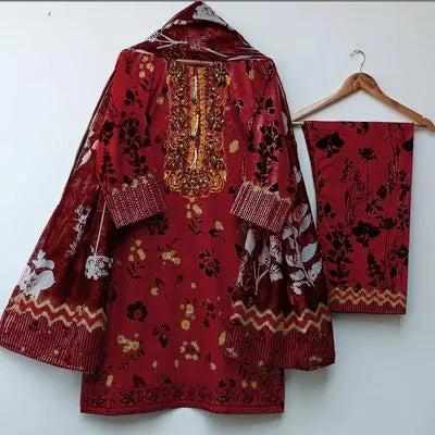 3 Pcs Women's Stitched Lawn Embroidered Suit