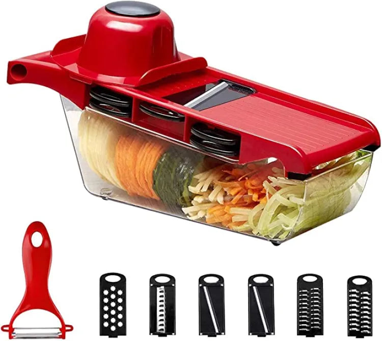 10 in 1 Mandolin Slicer Vegetable Cutter with Stainless Steel Blade Manual Potato Peeler Carrot Cheese Grater Nicer Kitchen Tool - Mandolin Vegetable Cutter - Red Color
