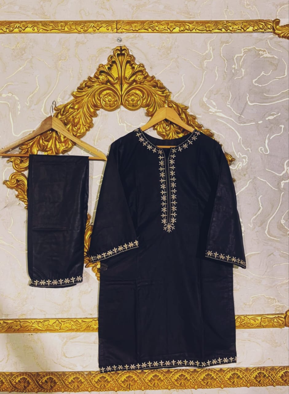 2pcs Stitched Suits 2 Pcs Elegant Women's Stitched Embroidered Linen Shirt And Trouser - black, Medium