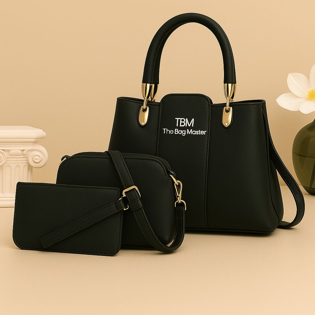 3 Pieces Ladies Handbag Elegant Design Premium Quality Smooth Finish Easy Carry - Black