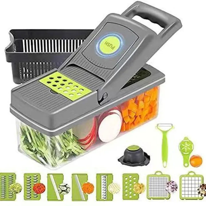 16-in-1 Multifunctional Vegetable Chopper & Slicer with Colander Basket and Storage Container – Heavy-Duty Food Cutter & Dicer for Onion, Potato, Carrot, Garlic & More