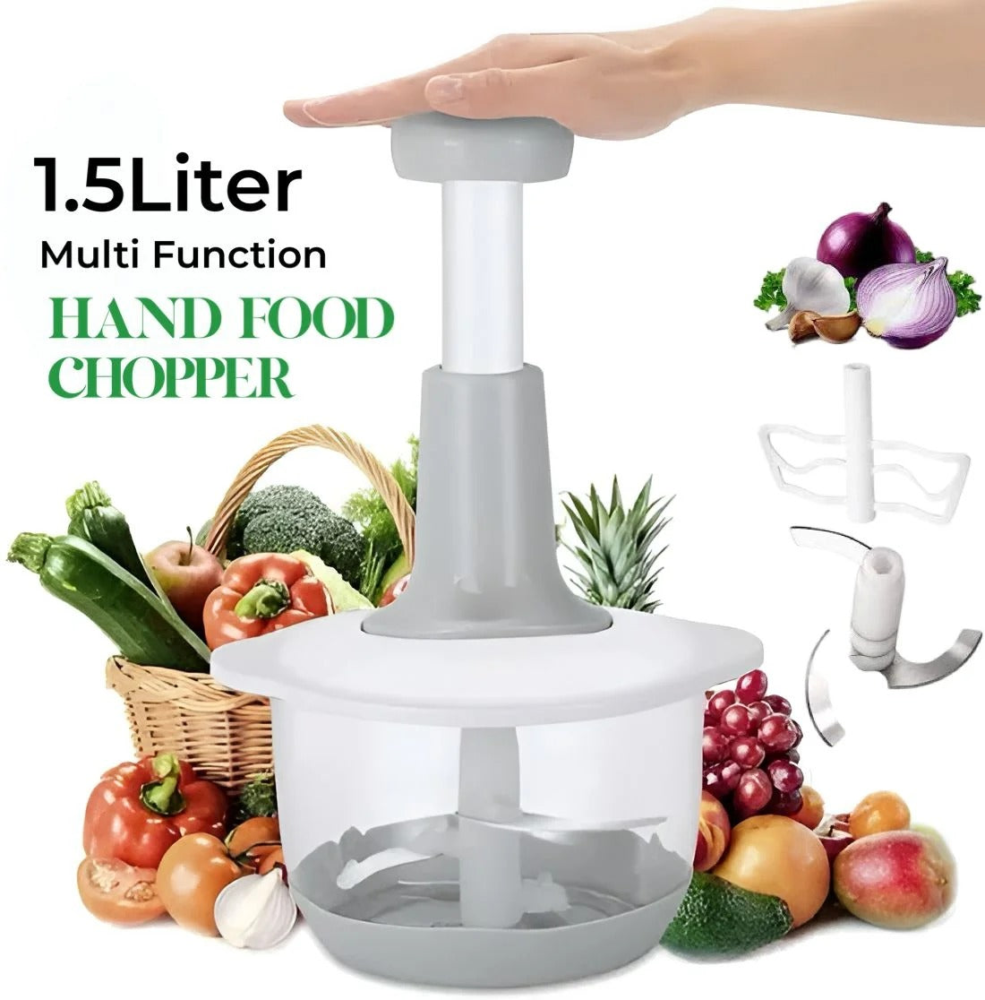 1.5L Manual Food Chopper – Speedy Hand Press Vegetable & Fruit Cutter - Plastic Body (Random Color)