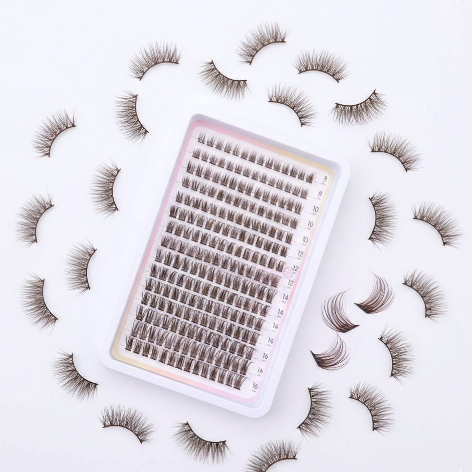 Pre-Glued Wispy Eyelash Clusters – DIY Eyelash Extension Box, Brown Fiber Lashes
