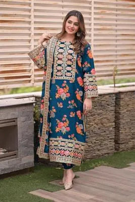 3 Pcs Women's Stitched Dobby Lawn Printed Suit
