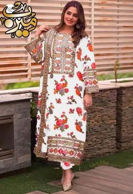 3 Pcs Women's Stitched Dobby Lawn Printed Suit