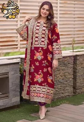 3 Pcs Women's Stitched Dobby Lawn Printed Suit