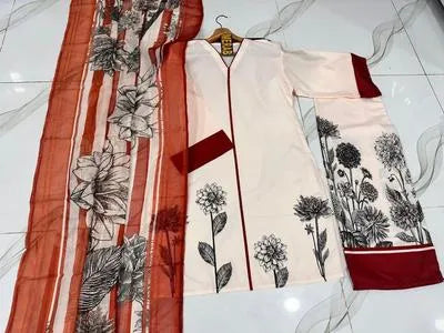 3 Pcs Women's Stitched Arabic Lawn Printed Suit