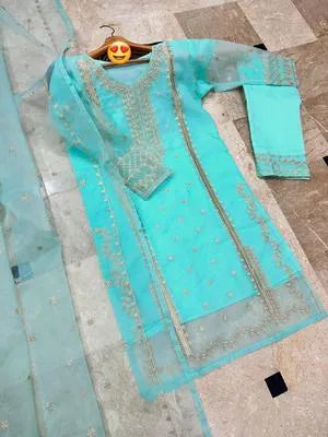 3 Pcs Women's Stitched Organza Embroidered Suit