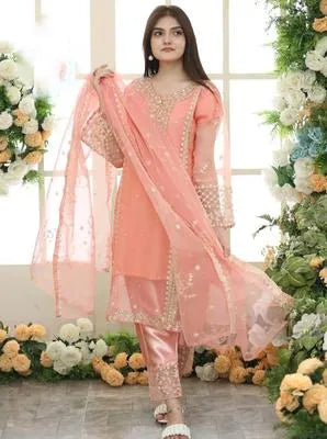 3 Pcs Women's Stitched Organza Embroidered Suit