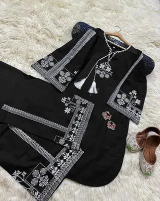 2 Pcs Women's Stitched Cotton Embroidered Shirt And Trouser