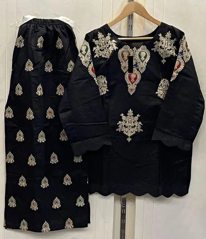 2 Pcs Women's Stitched Cotton Embroidered Shirt And Trouser