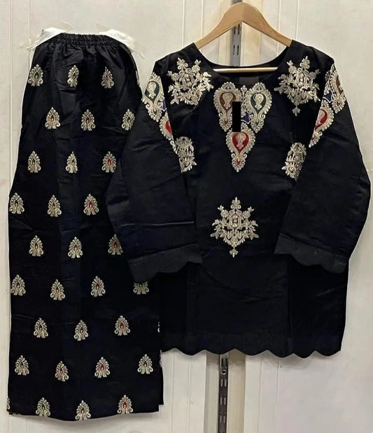 2 Pcs Women's Stitched Cotton Embroidered Shirt And Trouser