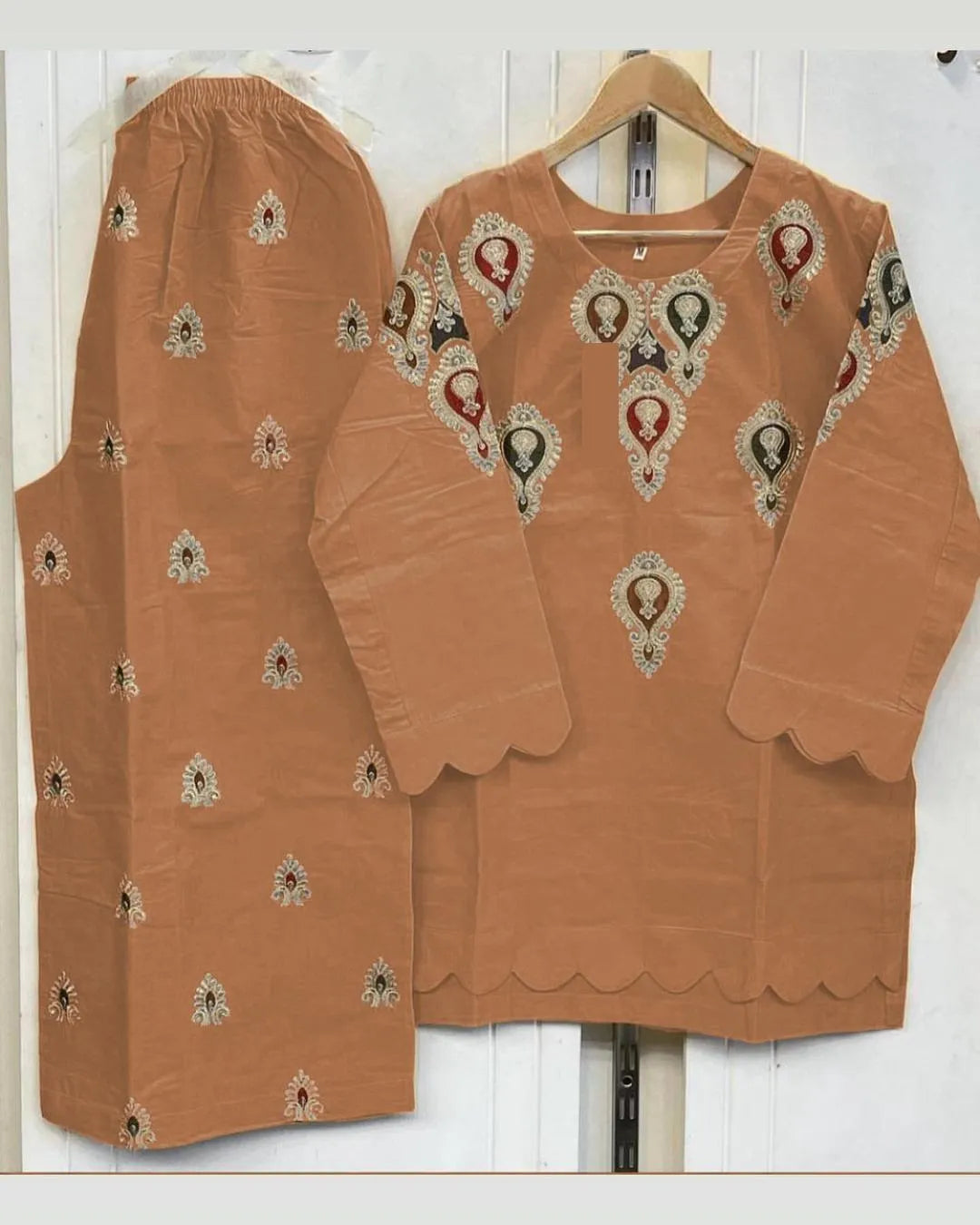 2 Pcs Women's Stitched Cotton Embroidered Shirt And Trouser