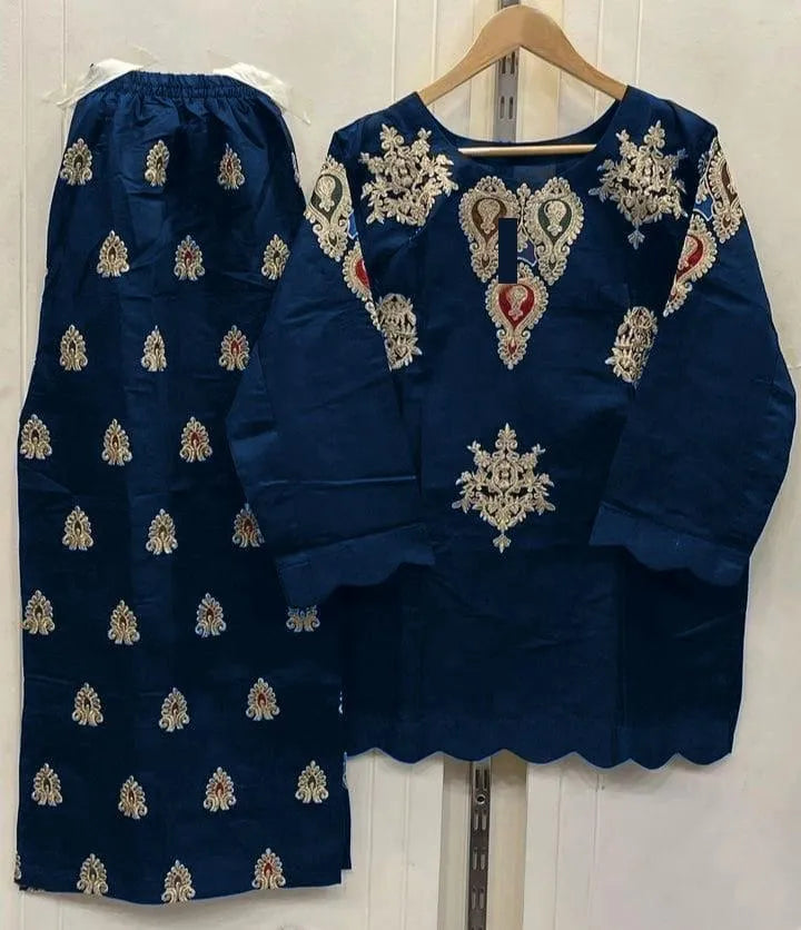 2 Pcs Women's Stitched Cotton Embroidered Shirt And Trouser