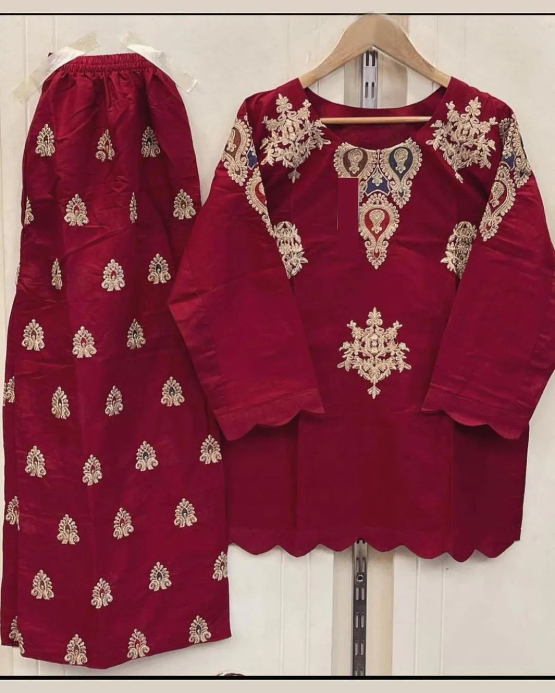 2 Pcs Women's Stitched Cotton Embroidered Shirt And Trouser