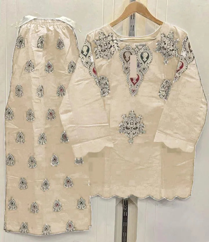 2 Pcs Women's Stitched Cotton Embroidered Shirt And Trouser