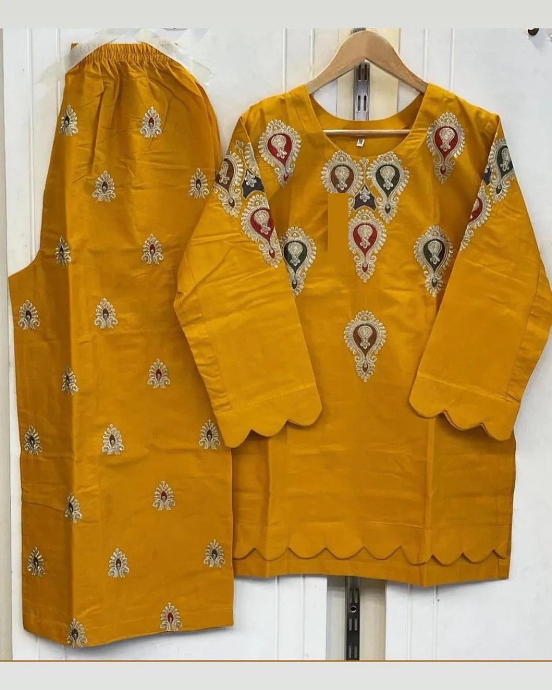 2 Pcs Women's Stitched Cotton Embroidered Shirt And Trouser