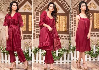 3 Pcs Women's Stitched Silk Lace-Work Night Suit / 3 Pcs Nighty For Women