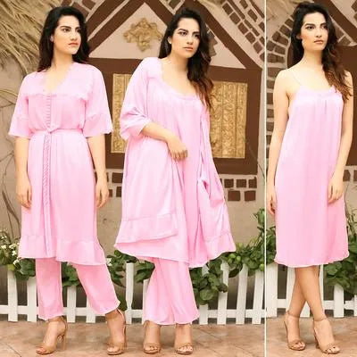 3 Pcs Women's Stitched Silk Lace-Work Night Suit / 3 Pcs Nighty For Women