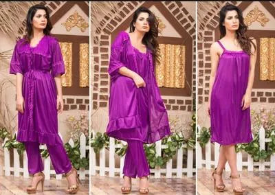 3 Pcs Women's Stitched Silk Lace-Work Night Suit / 3 Pcs Nighty For Women