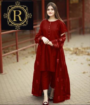 3 Pcs Women's Stitched Gown Suit in Maroon Katan Silk with Embroidered Patterns