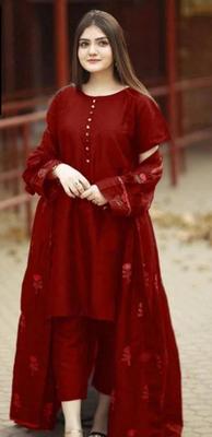 3 Pcs Women's Stitched Gown Suit in Maroon Katan Silk with Embroidered Patterns
