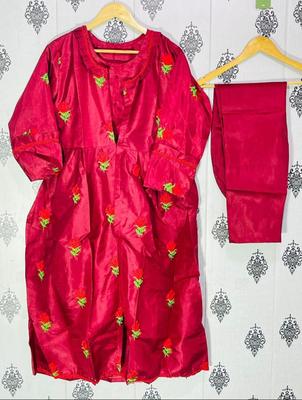 3 Pcs Women's Stitched Gown Suit in Maroon Katan Silk with Embroidered Patterns