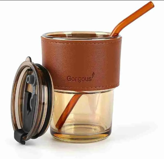 Reusable Coffee Mug with Straw – Leakproof Lid & Heat-Resistant PU Leather Sleeve for Hot & Cold Drinks (300ml)