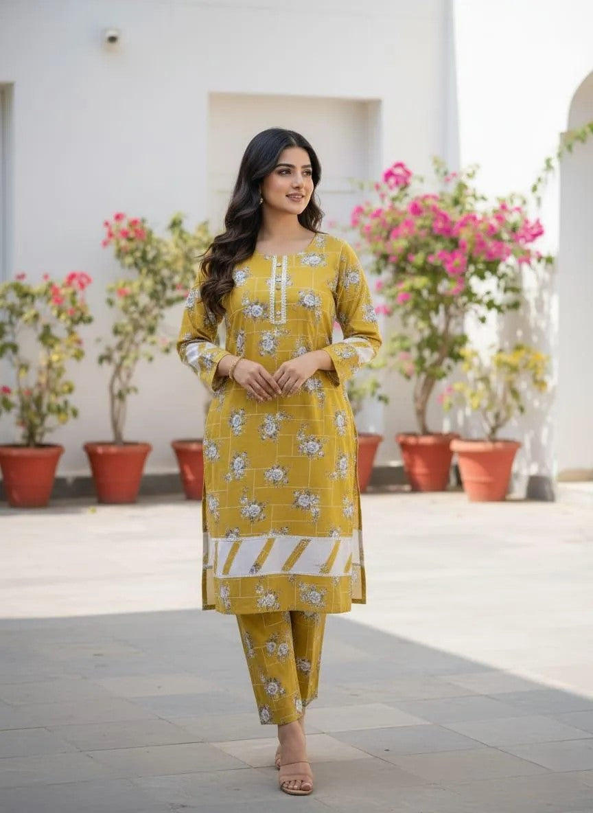 Stylish Women's Stitched Printed Shirt and Trouser Set - 2 Pcs - Yellow
