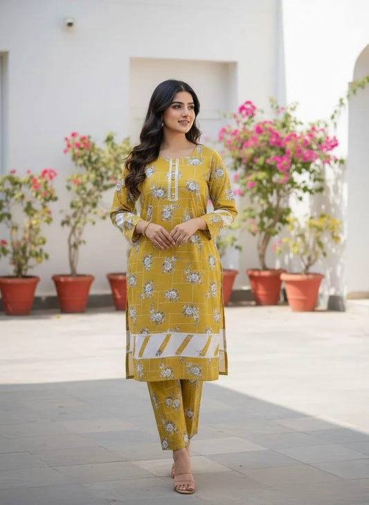 Stylish Women's Stitched Printed Shirt and Trouser Set - 2 Pcs - Yellow