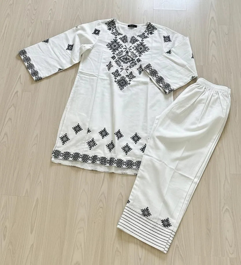 Elegant Women's Stitched Embroidered Linen Shirt and Trouser Set - 2 Pcs