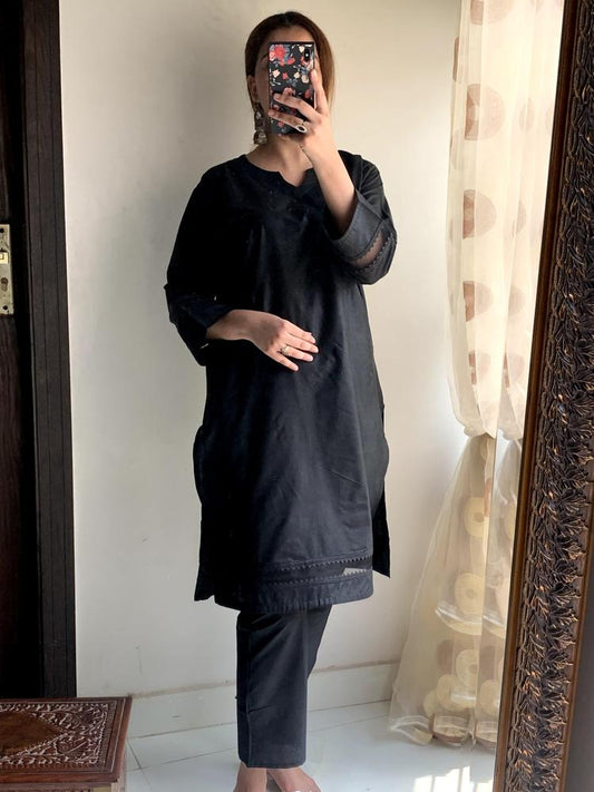 2 Pcs Women's Stitched Cotton Lawn Lace Work Shirt And Trouser