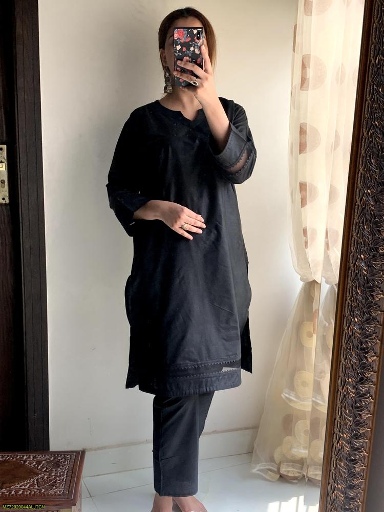 2 Pcs Women's Stitched Cotton Lawn Lace Work Shirt And Trouser